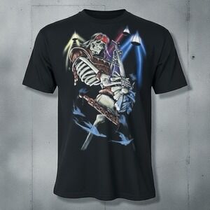 Vintage LIQUID BLUE Skeleton Warrior Guitar Fantasy T Shirt XL Double Sided